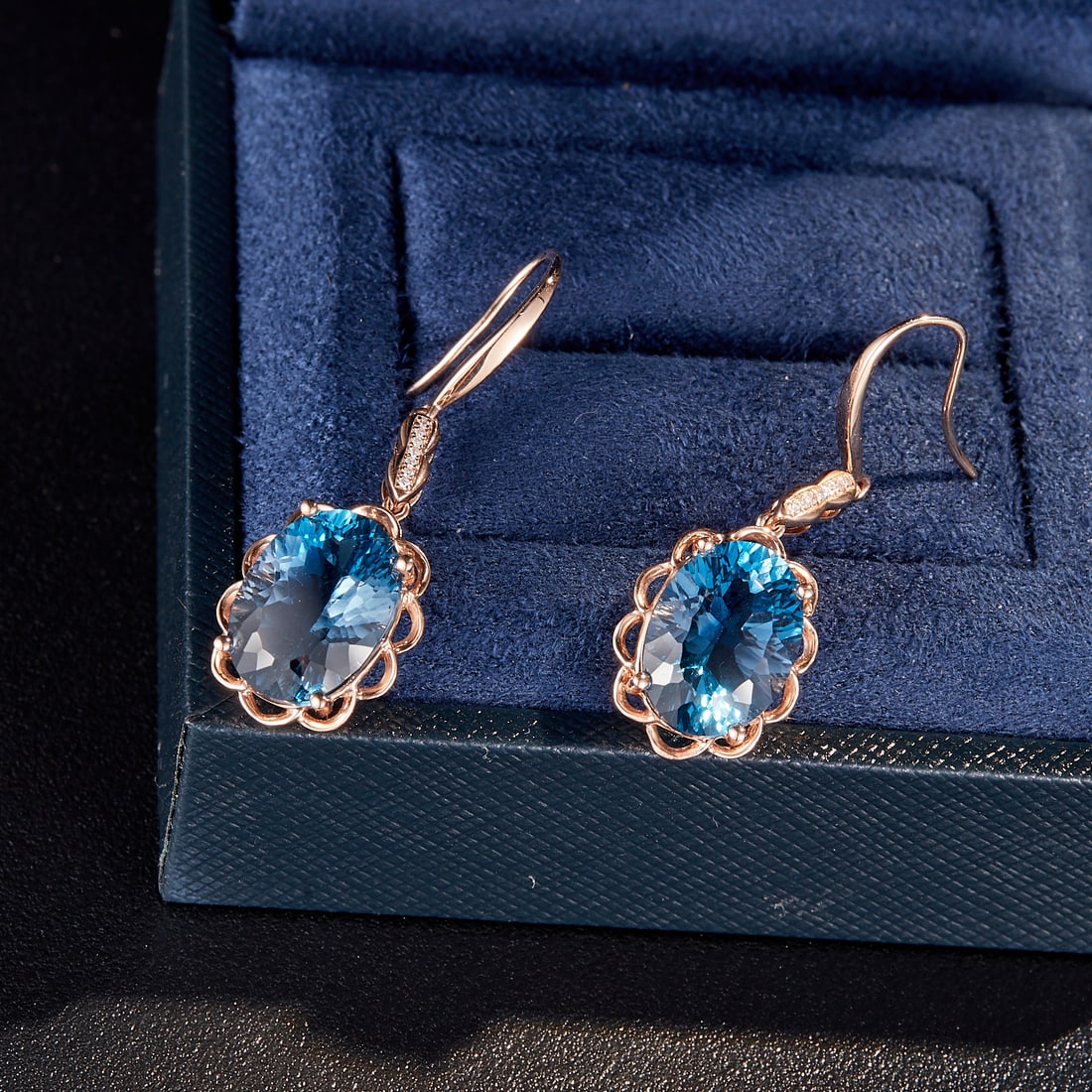 14k Gold 9.34 Ctw Natural Topaz & Diamond Earrings: Ref:231168445 // gold content:14k gold // main gemstone:topaz // shape:oval // carat weight:9. 3ct // color:blue // treatment:natural // // adjacent gemstone 2 : diamond // shape:round // carat