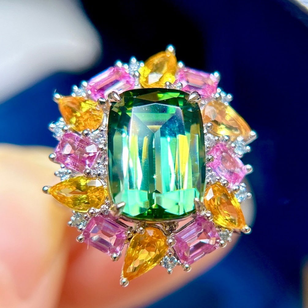 14k Gold 4.84 Ctw Natural Tourmaline & Diamond Ring: Ref:231171020 // gold content:14k gold // ring size:7. 25us // // main gemstone:tourmaline // shape:cushion // carat weight:4. 51ct // color:green // treatment:natural // // adjacent gemstone 2 : diam