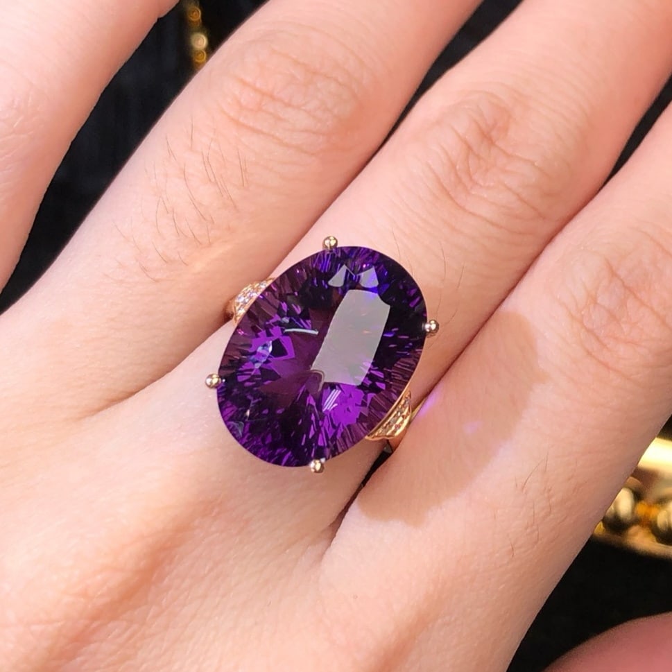 14k Gold 14.60 Ct Natural Amethyst & Diamond Ring - 6