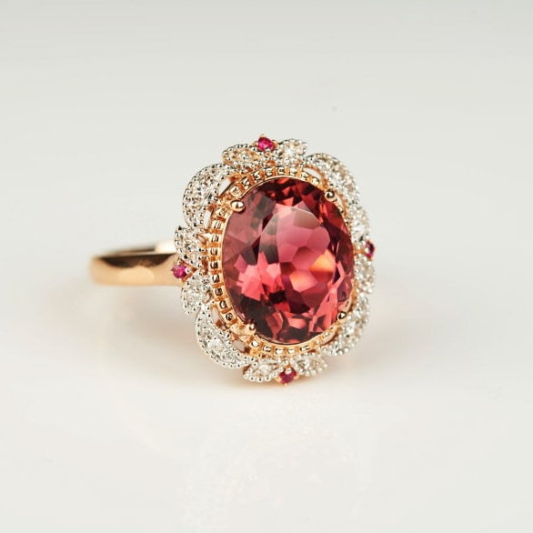 14k Gold 3.93 Ct Natural Tourmaline & Diamond & Ruby Ring - 8
