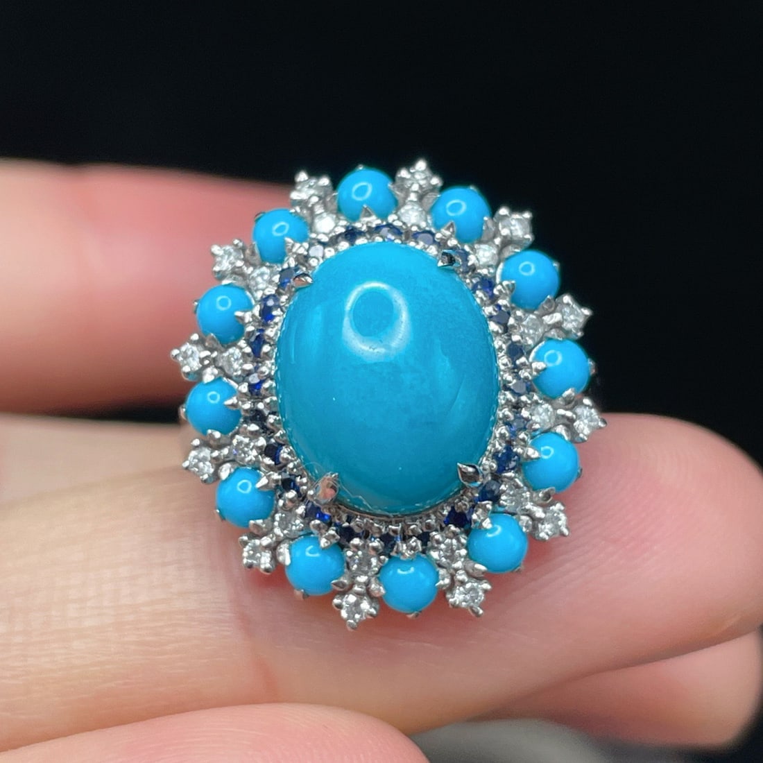 14k Gold 3.95 Ctw Natural Blue Turquoise & Diamond Ring - 3