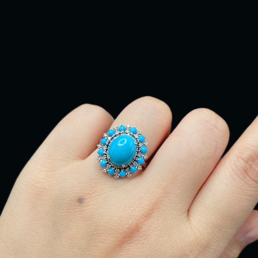 14k Gold 3.95 Ctw Natural Blue Turquoise & Diamond Ring - 7