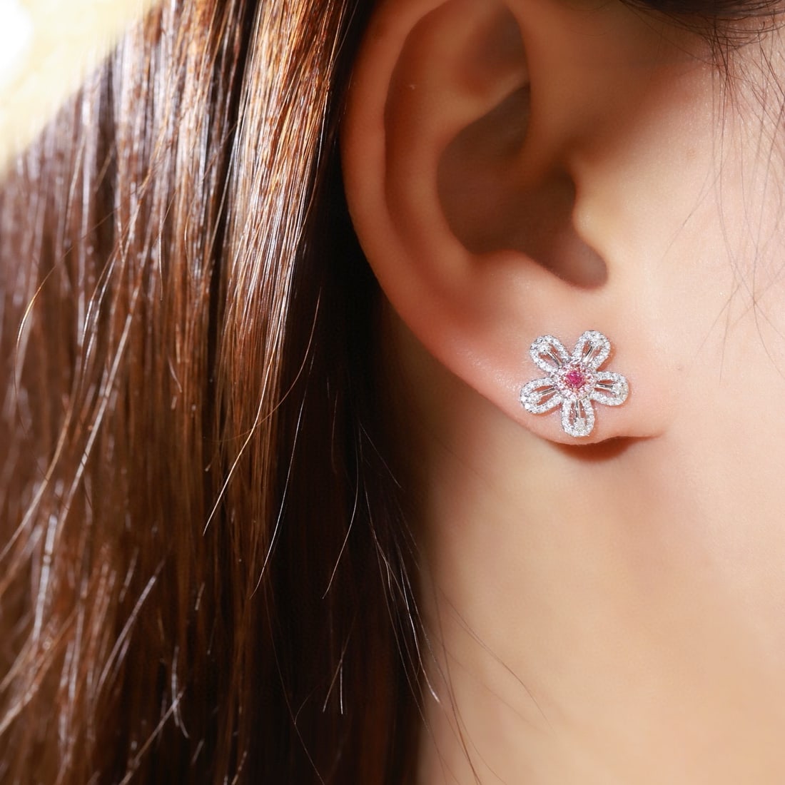 14k Gold 0.56 Ctw Natural Pink Diamond & Diamond & Flowers Earrings - 4