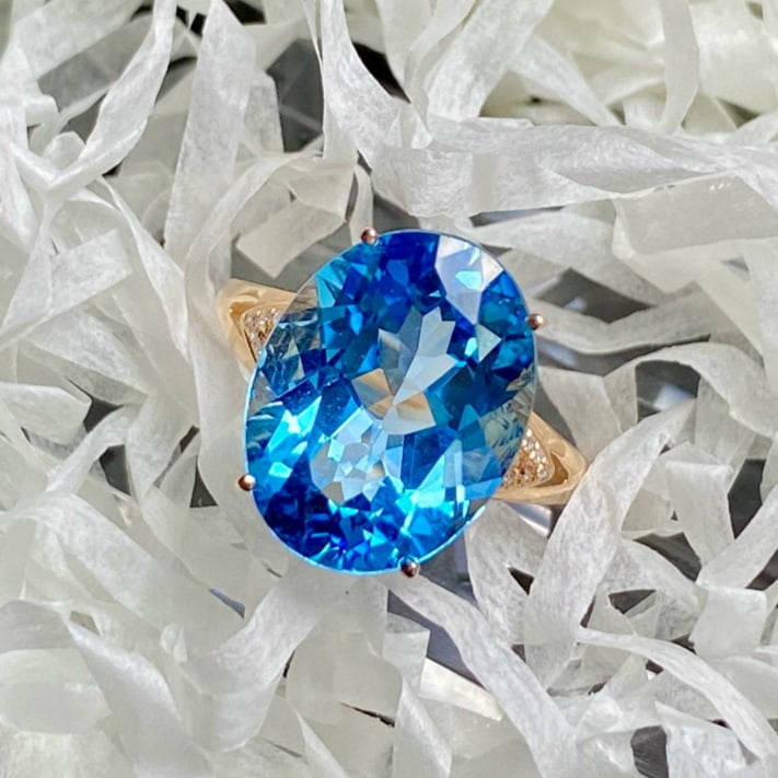 14k Gold 9.25 Ct Natural Topaz & Diamond Ring - 4