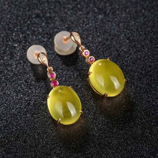 14k Gold 9.63 Ct Natural Prehnite & Ruby & Diamond Earrings: Ref:231171118 // gold content:14k gold // main gemstone:prehnite // shape:oval // carat weight:9. 63ct // color:yellow // treatment:natural // // adjacent gemstone 2 : ruby // number of stones:4 //