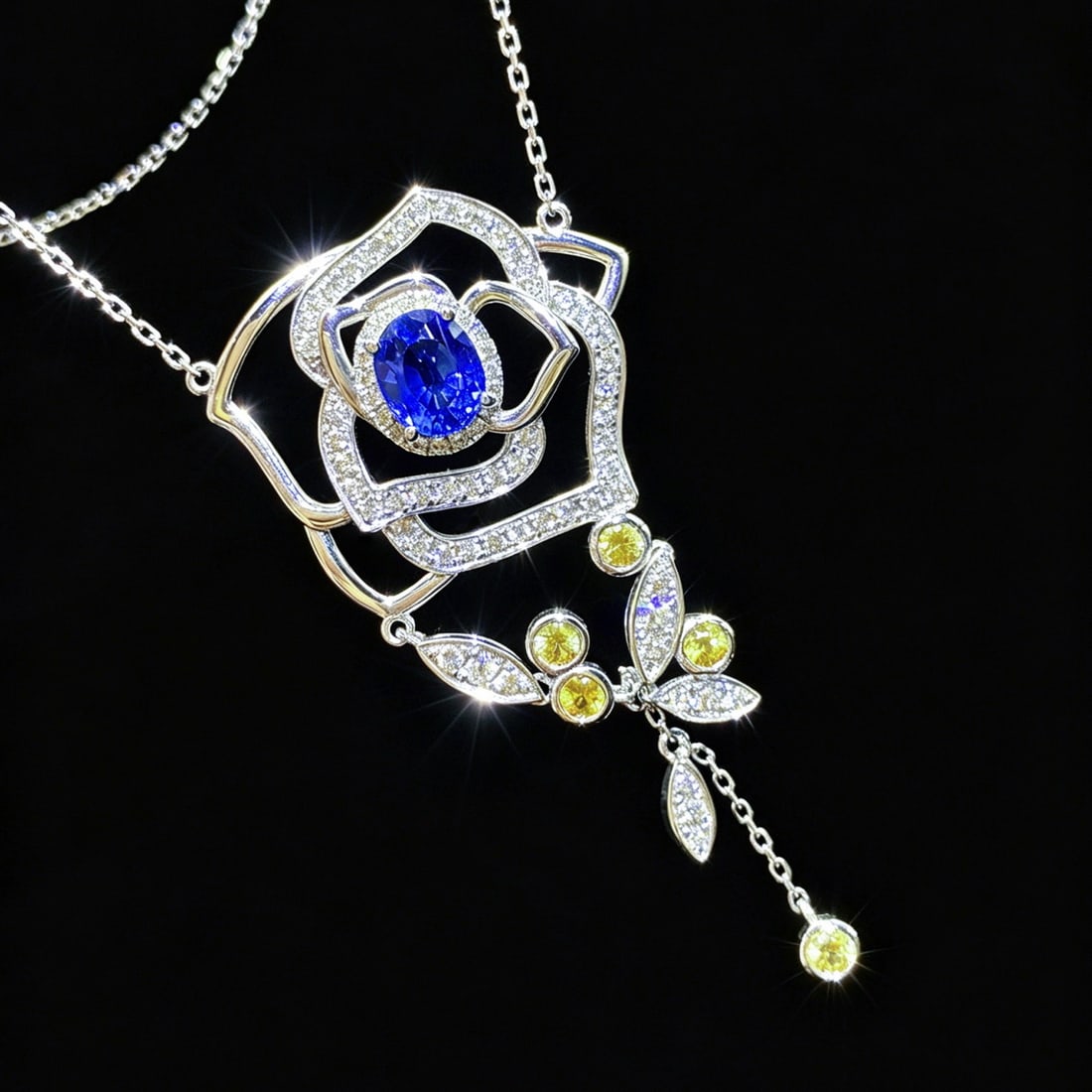 14k Gold 1.31 Ctw Natural Sapphire & Diamond & Flowers Necklace - 2