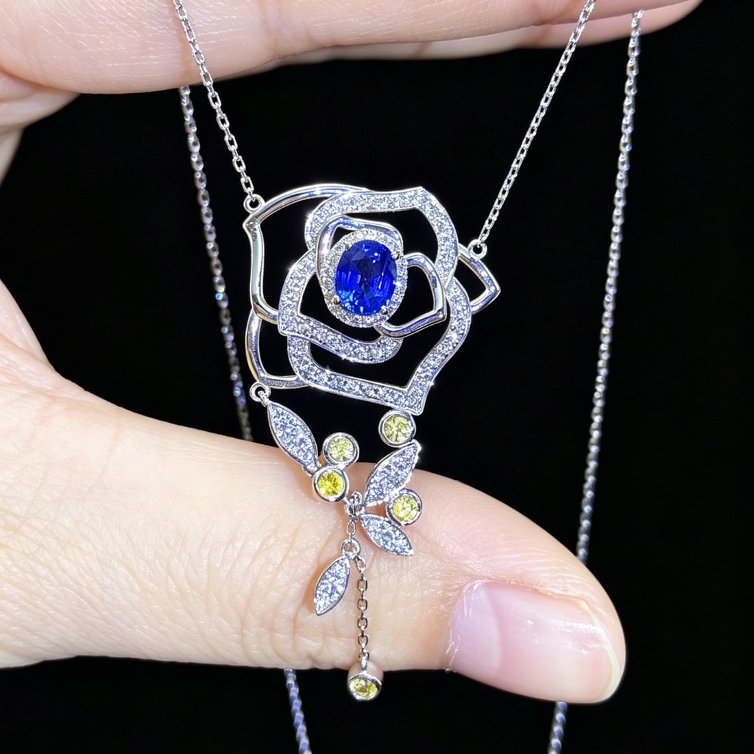 14k Gold 1.31 Ctw Natural Sapphire & Diamond & Flowers Necklace - 3