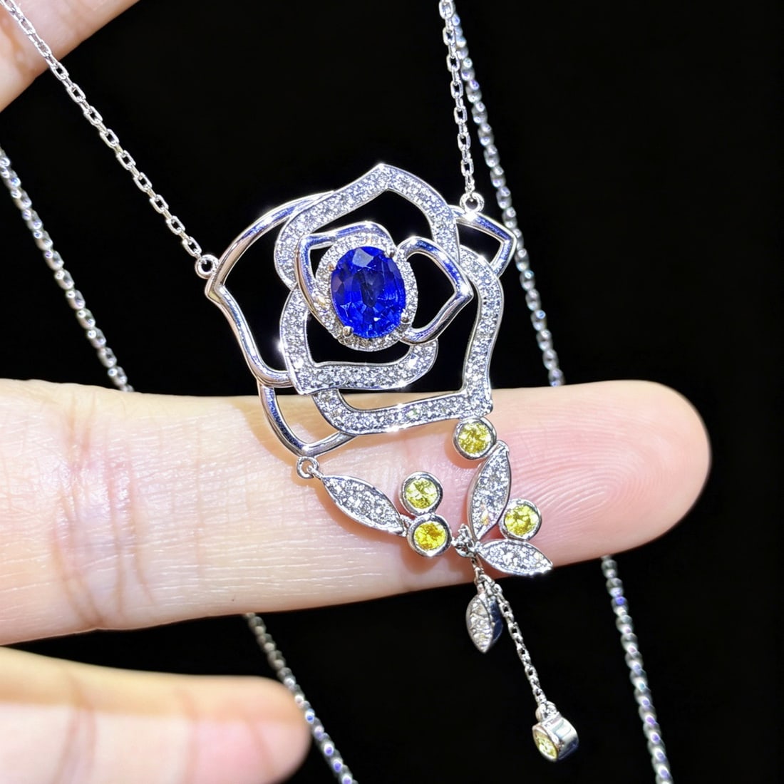 14k Gold 1.31 Ctw Natural Sapphire & Diamond & Flowers Necklace - 4