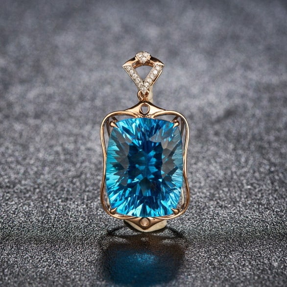 14k Gold 20.3 Ct Natural Topaz & Diamond Pendant( Without Chain ): Ref:231171155 // gold content:14k gold // main gemstone:topaz // shape:cushion // carat weight:20. 3ct // color:blue // treatment:natural // // adjacent gemstone 2 : diamond // shape:round // clarity