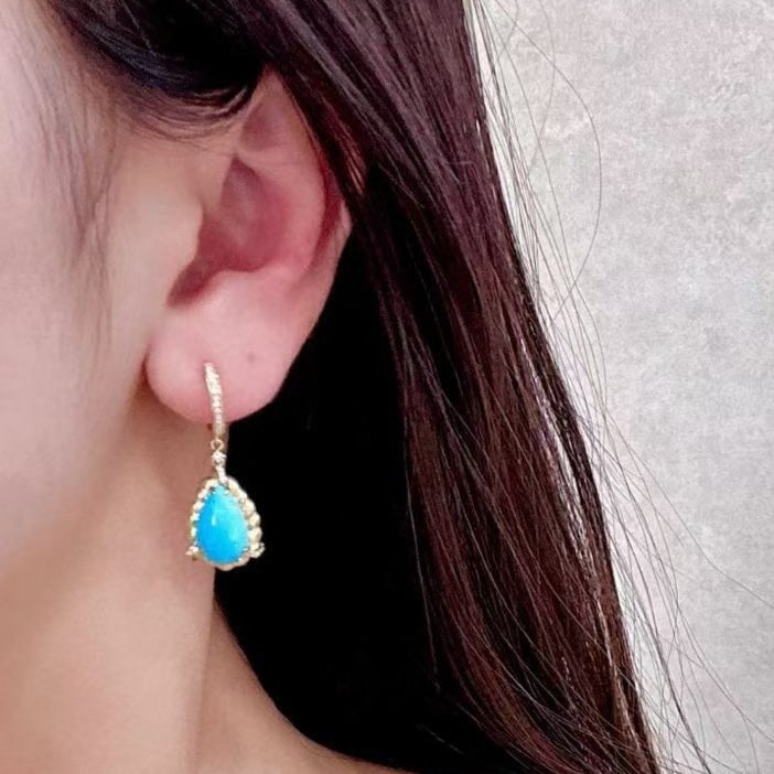 14k Gold 5.63 Ctw Natural Blue Turquoise & Diamond Earrings - 4