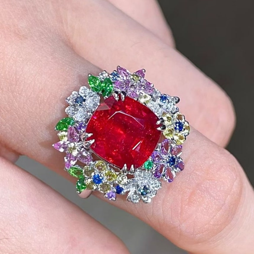 14k Gold 4.89 Ctw Natural Tourmaline & Coloured Gemstone Ring: Ref:231171202 // gold content:14k gold // ring size:7. 25us // // main gemstone:tourmaline // shape:cushion // carat weight:3. 76ct // color:red // treatment:natural // // adjacent gemstone 2 :