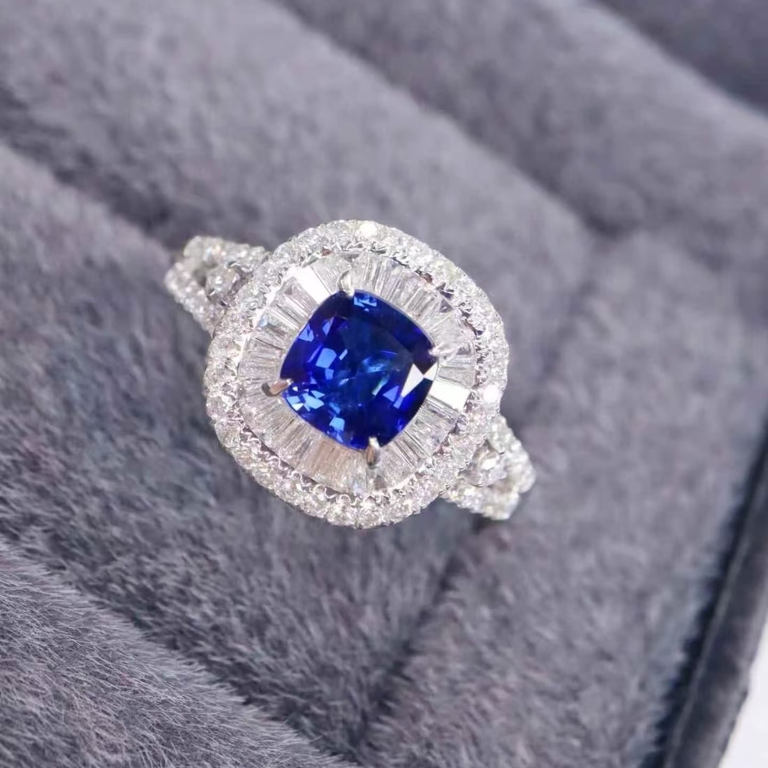 14k Gold 1.91 Ctw Natural Sapphire & Diamond Ring: Ref:231171213 // gold content:14k gold // ring size:7. 25us // // main gemstone:sapphire // shape:cushion // carat weight:1. 1ct // color:royal blue // treatment:natural // // adjacent gemstone 2 : di