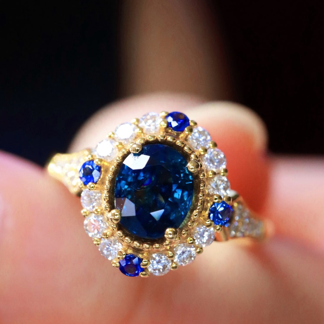 14k Gold 1.39 Ctw Natural Sapphire & Diamond Ring: Ref:231171215 // gold content:14k gold // ring size:7. 25us // // main gemstone:sapphire // shape:oval // carat weight:1. 09ct // color:blue // treatment:natural // // adjacent gemstone 2 : diamond