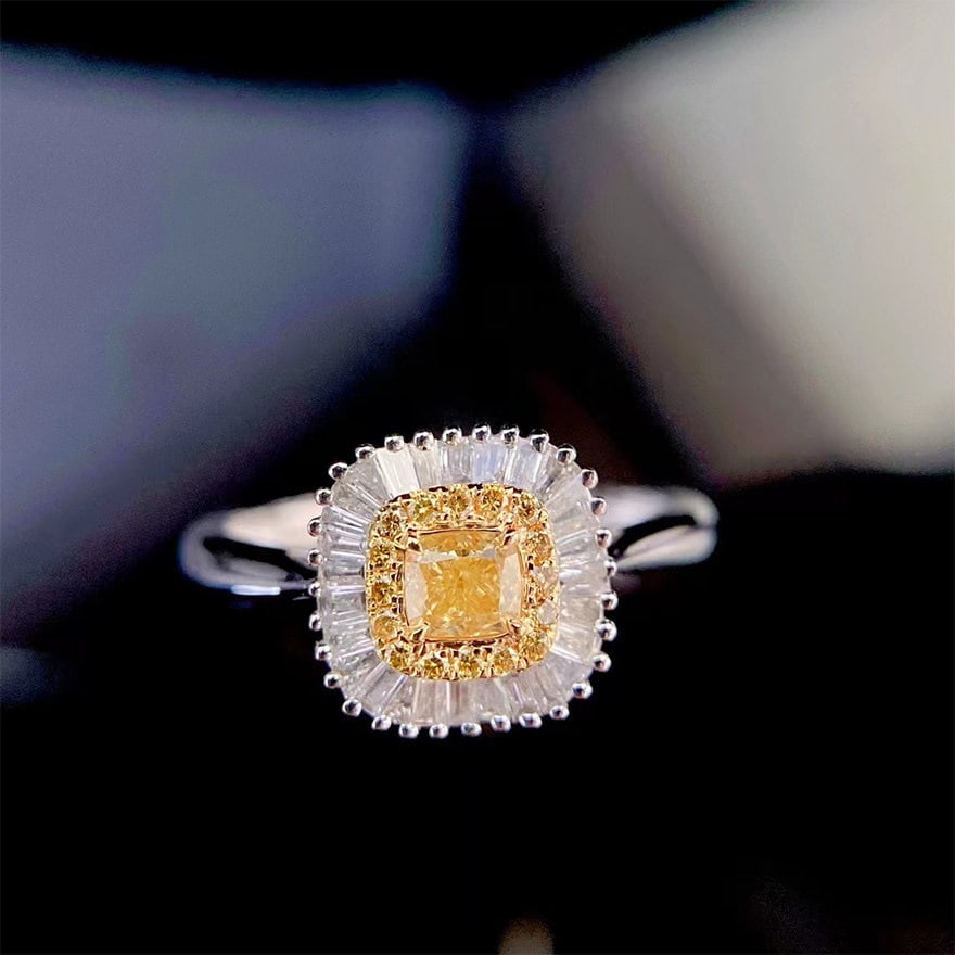 14k Gold 0.60 Ctw Natural Yellow Diamond & Diamond Ring: Ref:231171236 // gold content:14k gold // ring size:7. 25us // // main gemstone:yellow diamond // shape:cushion // carat weight:0. 30ct // color:yellow // treatment:natural // // adjacent gemstone 2