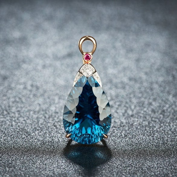 14k Gold 21.45 Ct Natural Topaz & Diamond & Ruby Pendant( Without Chain ): Ref:231171242 // gold content:14k gold // main gemstone:topaz // shape:pear // carat weight:21. 45ct // color:blue // treatment:natural // // adjacent gemstone 2 : diamond // shape:round // clarity