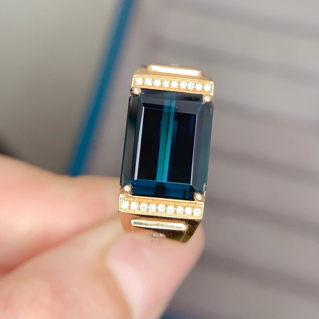 14k Gold 7 Ct Natural Tourmaline & Diamond & Men¡¯s Ring - 2