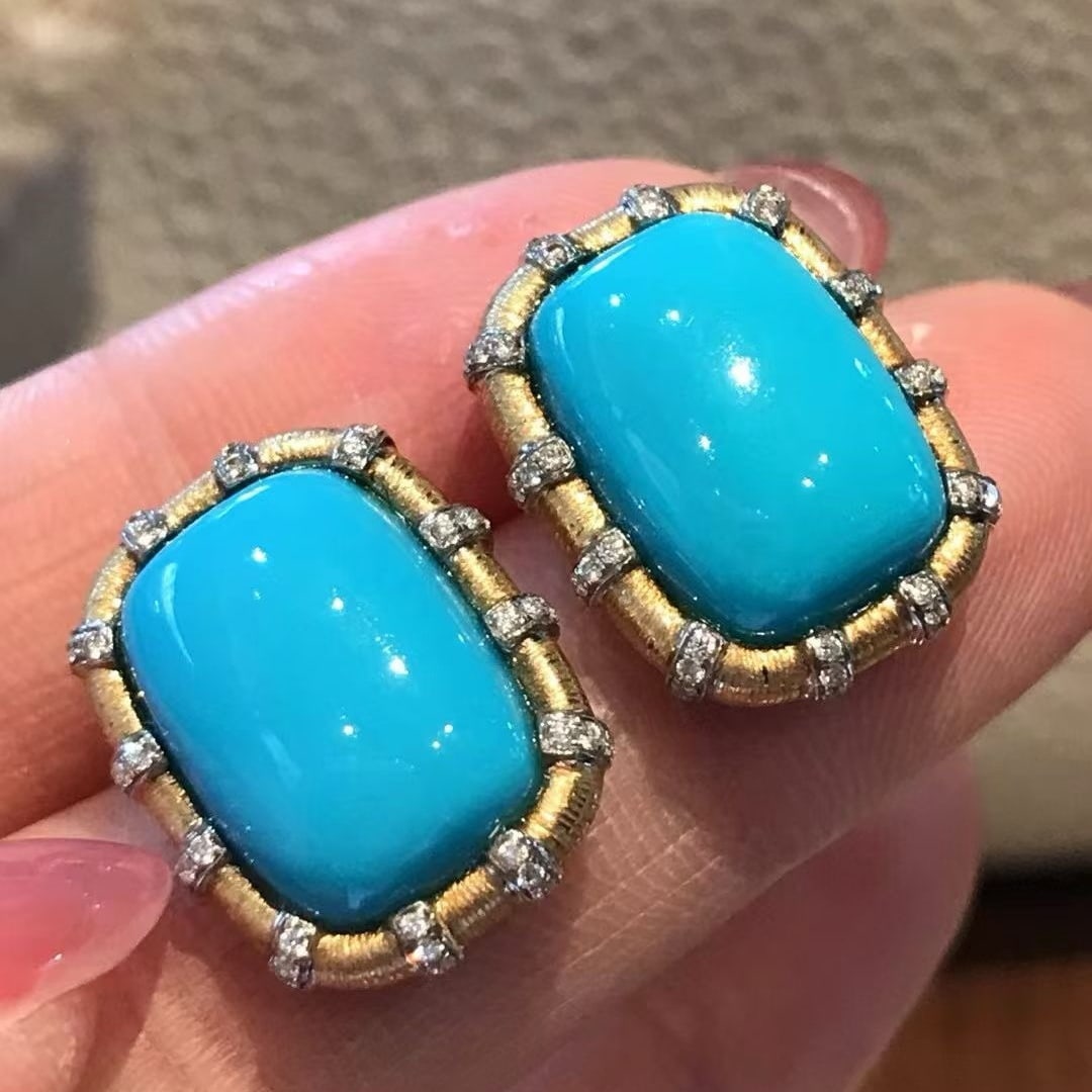 14k Gold 10.29 Ctw Natural Blue Turquoise & Diamond Earrings: Ref:231171250 // gold content:14k gold // main gemstone:blue turquoise // shape:cushion // carat weight:10ct // color:blue // treatment:natural // // adjacent gemstone 2 : diamond // shape:round // ca
