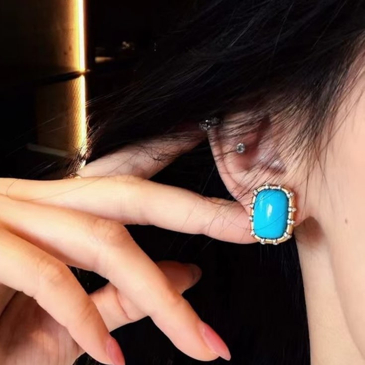 14k Gold 10.29 Ctw Natural Blue Turquoise & Diamond Earrings - 2