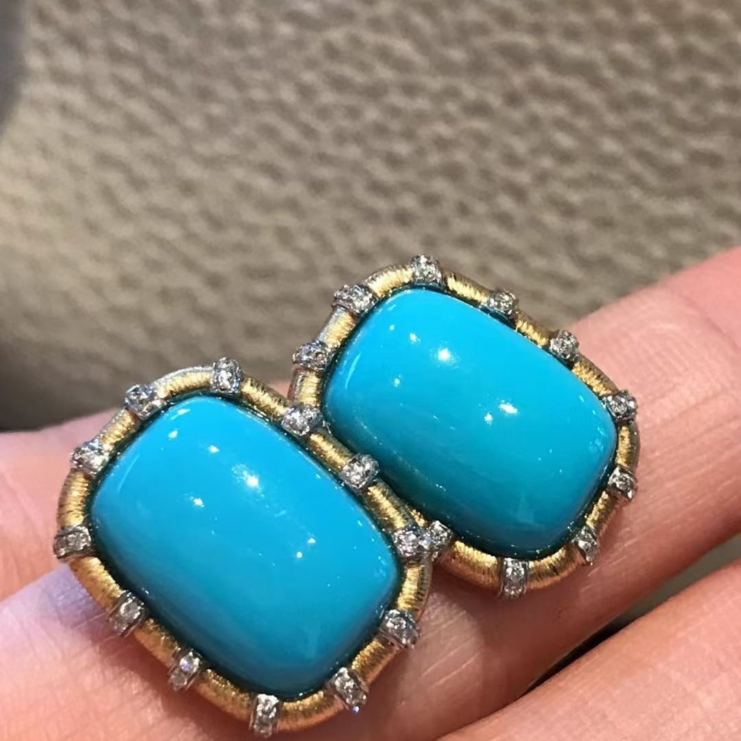 14k Gold 10.29 Ctw Natural Blue Turquoise & Diamond Earrings - 3