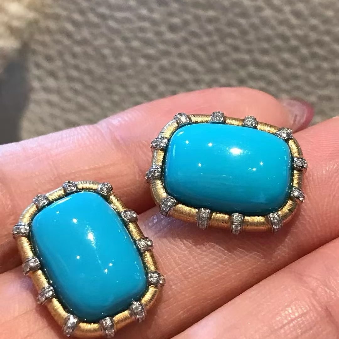 14k Gold 10.29 Ctw Natural Blue Turquoise & Diamond Earrings - 4