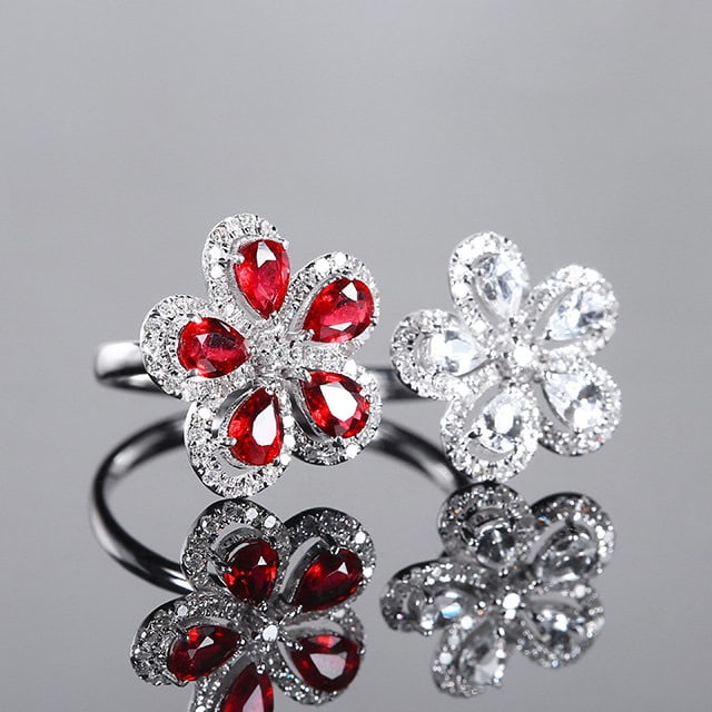 14k Gold 1.17 Ctw Natural Ruby & Diamond & Flowers Ring - 3