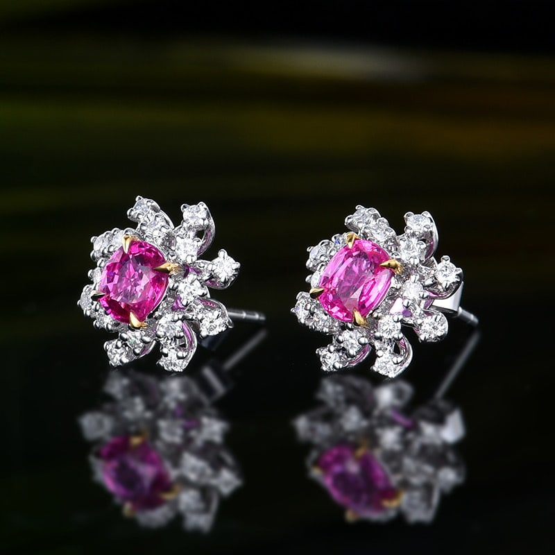 14k Gold 0.96 Ctw Natural Padparadscha Sapphire & Diamond Earrings - 2