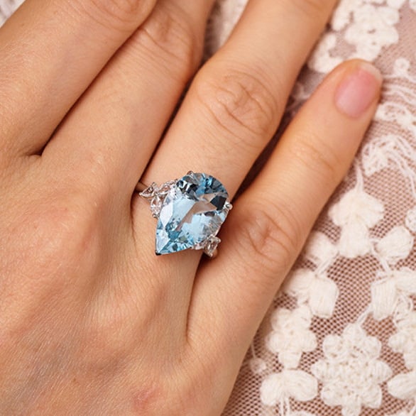 14k Gold 6.63 Ctw Natural Aquamarine & Sapphire Ring - 7