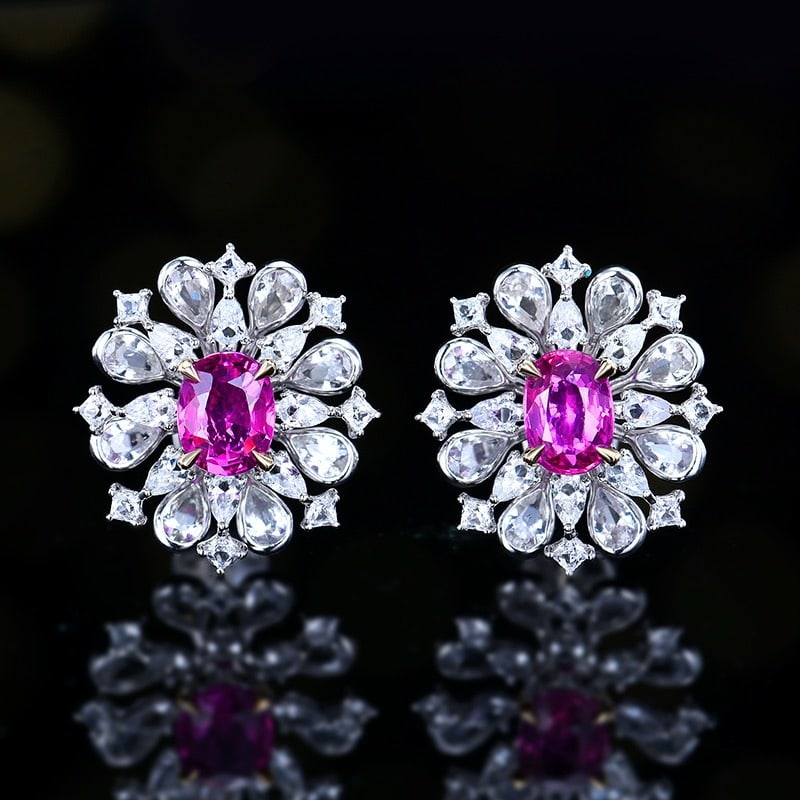 14k Gold 1.17 Ct Natural Padparadscha Sapphire & Sapphire Earrings: Ref:231172012 // gold content:14k gold // main gemstone:padparadscha sapphire // shape:oval // carat weight:1. 17ct // color:orangish pink // treatment:natural // // adjacent gemstone 2 : sapphire //
