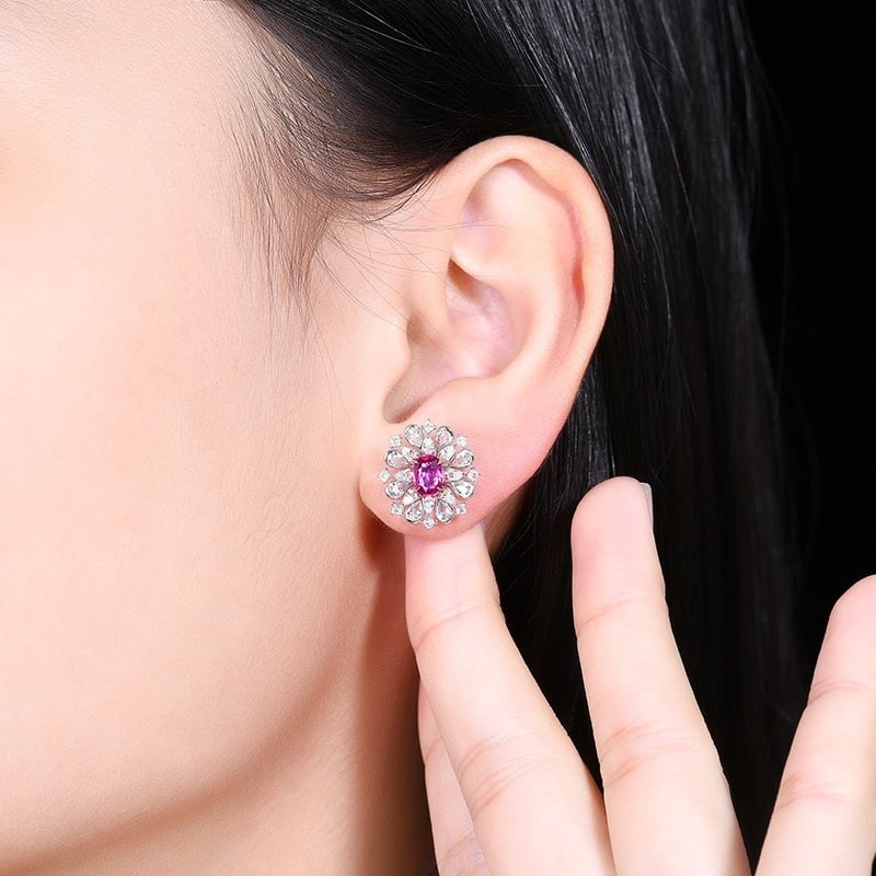 14k Gold 1.17 Ct Natural Padparadscha Sapphire & Sapphire Earrings - 5