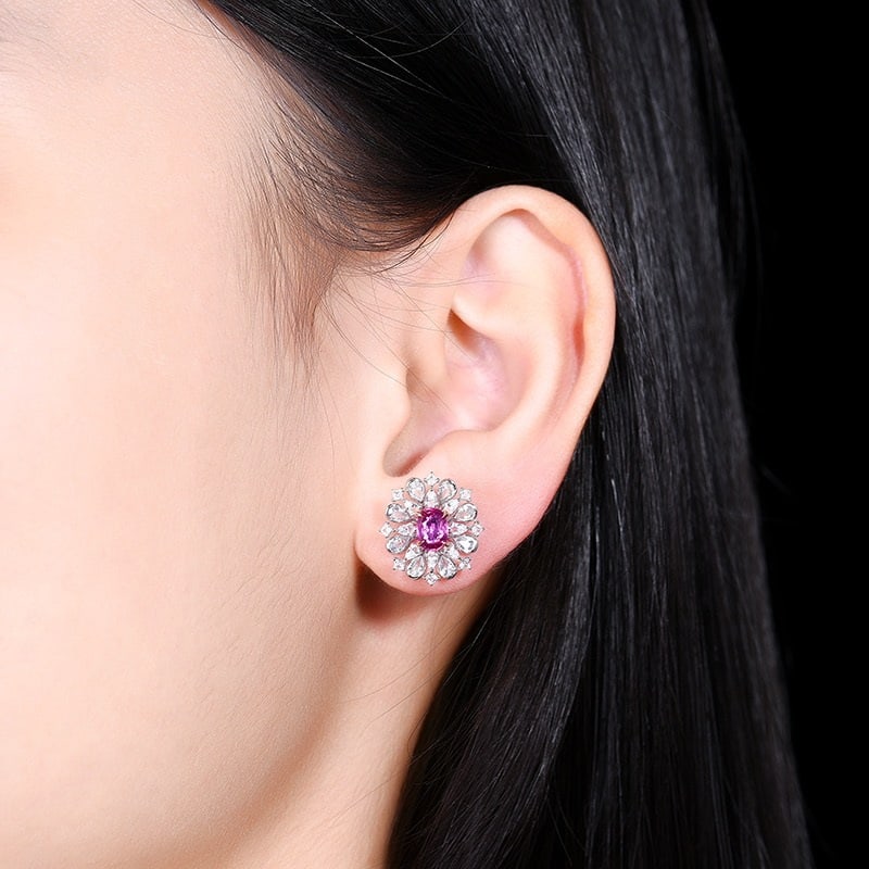 14k Gold 1.17 Ct Natural Padparadscha Sapphire & Sapphire Earrings - 6