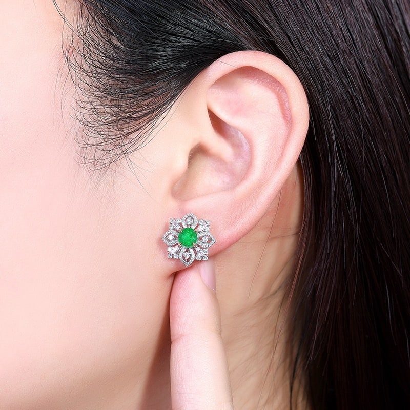 14k Gold 1.71 Ctw Vivid Green Natural Emerald & Diamond Earrings - 5