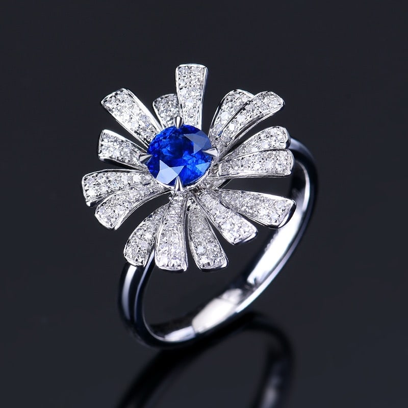 14k Gold 0.97 Ctw Natural Sapphire & Diamond & Flowers Ring - 4