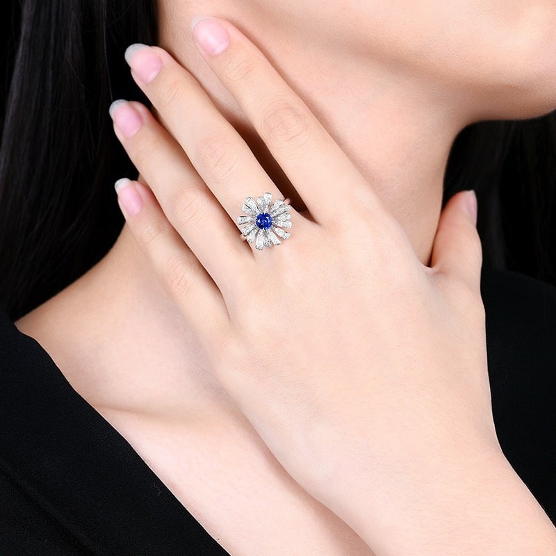 14k Gold 0.97 Ctw Natural Sapphire & Diamond & Flowers Ring - 7