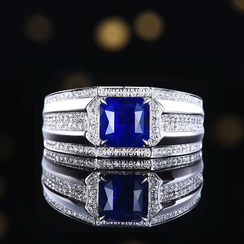 14k Gold 2.71 Ctw Natural Sapphire & Diamond & Men¡¯s Ring: Ref:231172034 // gold content:14k gold // ring size:8us // // main gemstone:sapphire // shape:octagonal // carat weight:2. 41ct // color:royal blue // treatment:natural // // adjacent gemstone 2 :