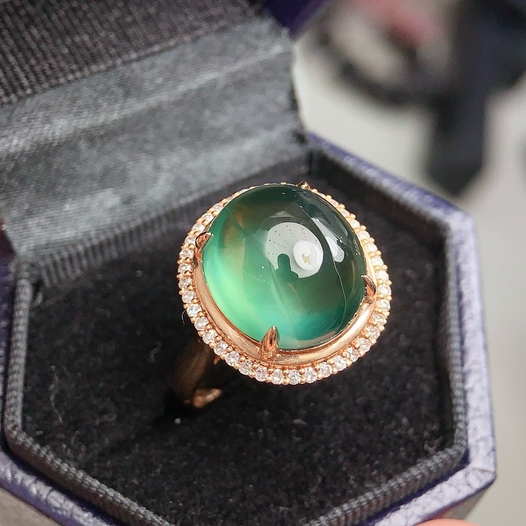 14k Gold 12 Ct Natural Prehnite & Diamond Ring - 3