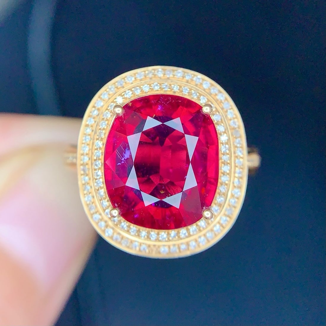 14k Gold 5 Ct Natural Tourmaline & Diamond Ring: Ref:231172071 // gold content:14k gold // ring size:7. 25us // // main gemstone:tourmaline // shape:cushion // carat weight:5ct // color:red // treatment:natural // // adjacent gemstone 2 : diamond //