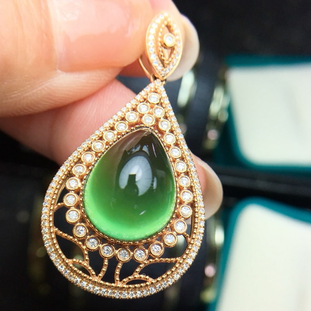 14k Gold 11.7 Ct Natural Prehnite & Diamond Pendant( Without Chain ) - 3