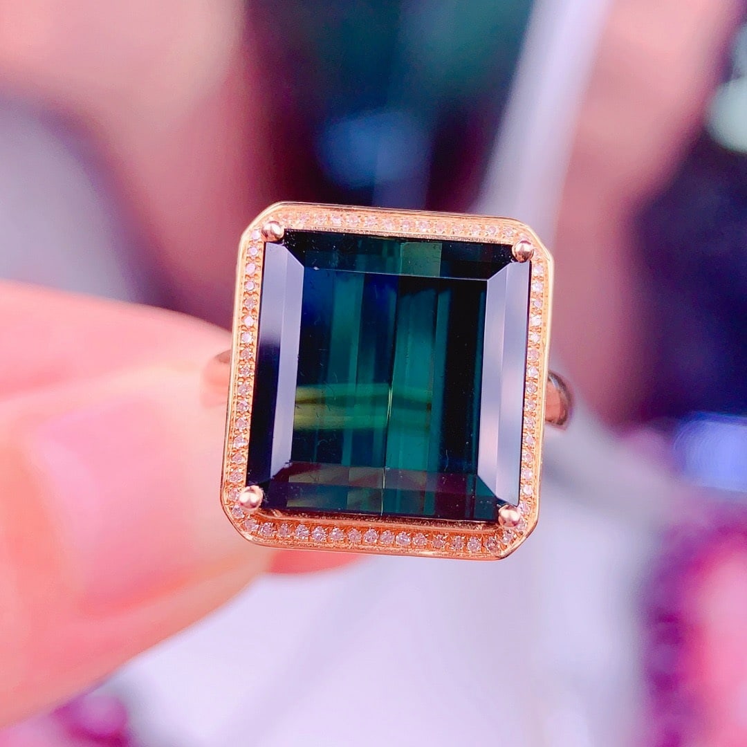 14k Gold 8.5 Ct Natural Tourmaline & Diamond Ring - 2