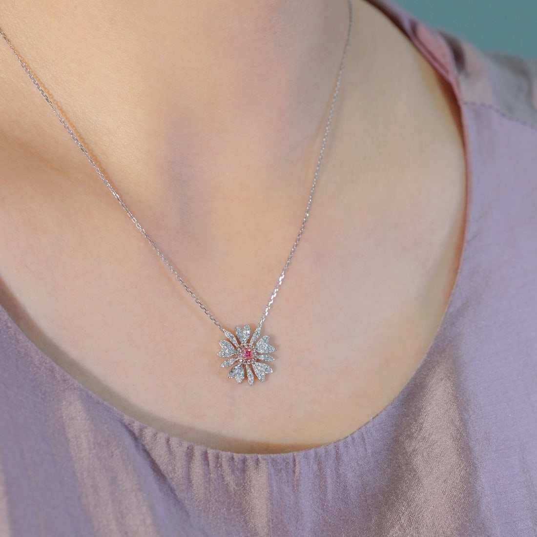 14k Gold 0.45 Ctw Natural Pink Diamond & Diamond & Flowers Necklace - 2