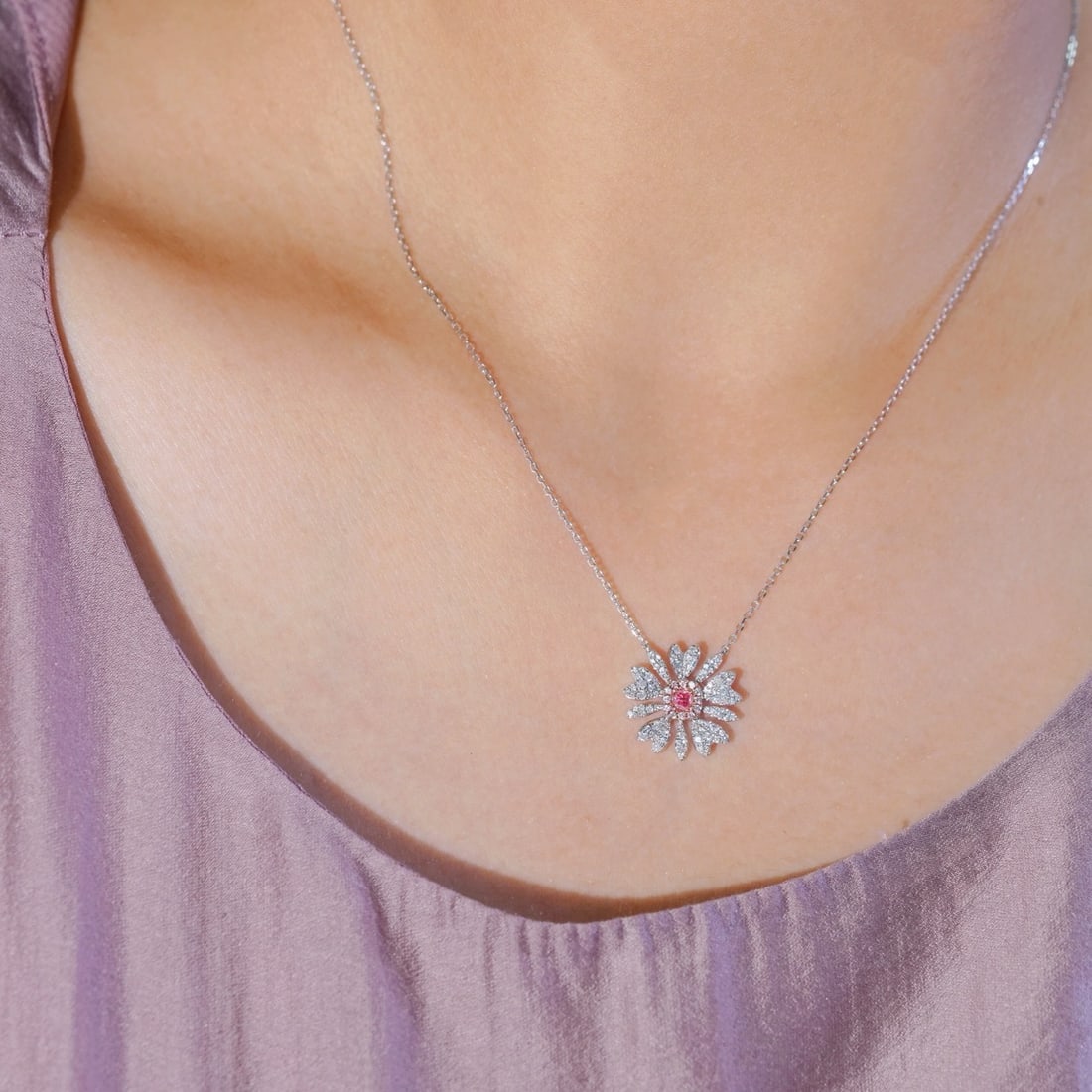 14k Gold 0.45 Ctw Natural Pink Diamond & Diamond & Flowers Necklace - 3