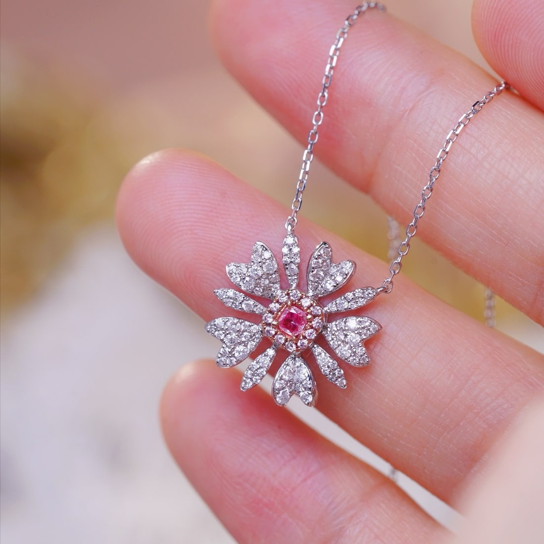 14k Gold 0.45 Ctw Natural Pink Diamond & Diamond & Flowers Necklace - 4