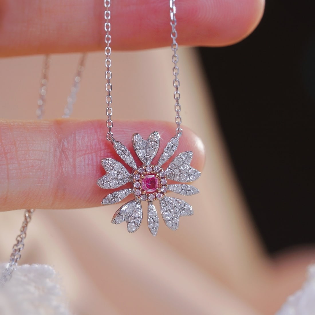14k Gold 0.45 Ctw Natural Pink Diamond & Diamond & Flowers Necklace - 5