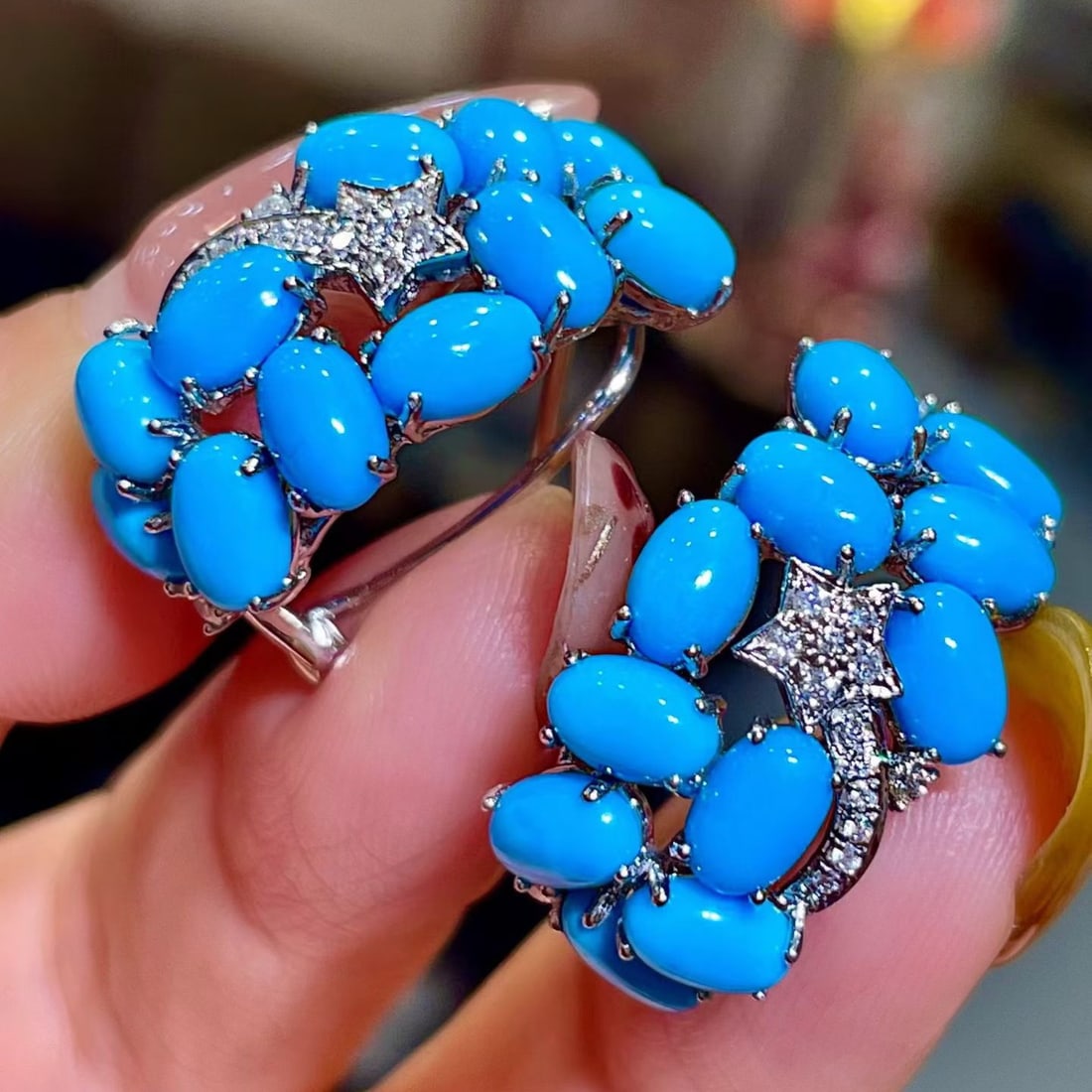 14k Gold 10.15 Ctw Natural Blue Turquoise & Diamond Earrings - 2