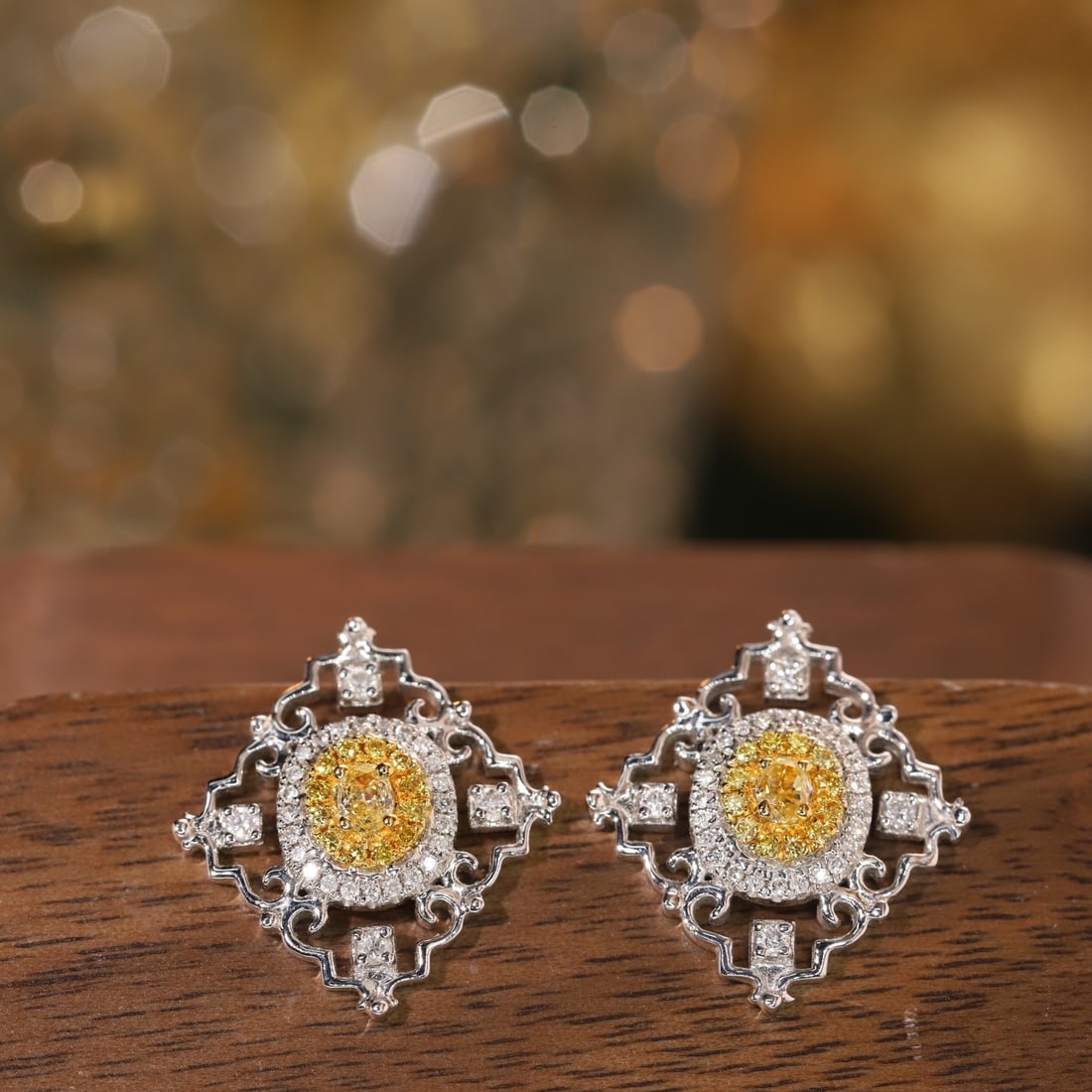 14k Gold 0.40 Ctw Natural Yellow Diamond & Diamond Earrings - 2