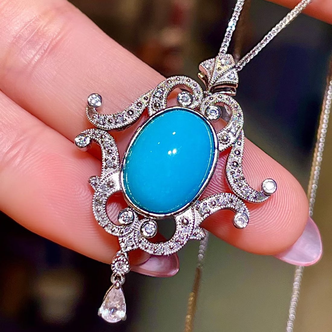 14k Gold 5.63 Ctw Natural Blue Turquoise & Sapphire Pendant( Without Chain ) - 2