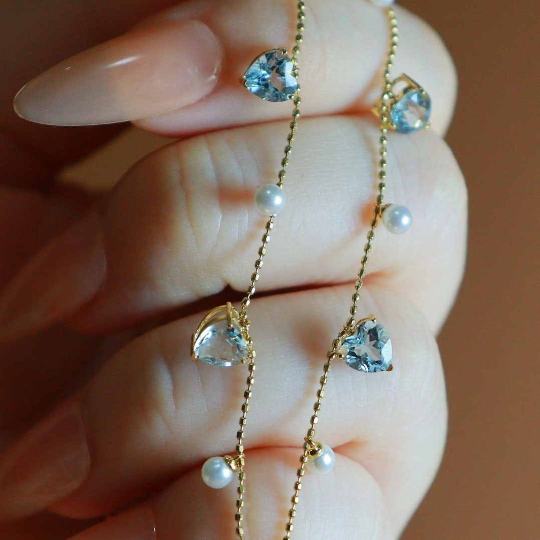 14k Gold 1.9 Ct Natural Aquamarine & Pearl Necklace - 2