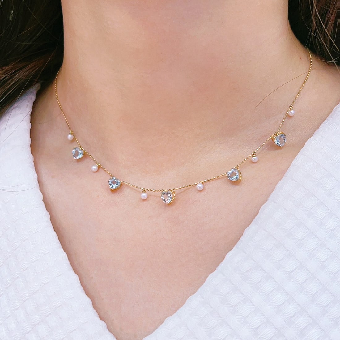 14k Gold 1.9 Ct Natural Aquamarine & Pearl Necklace - 8