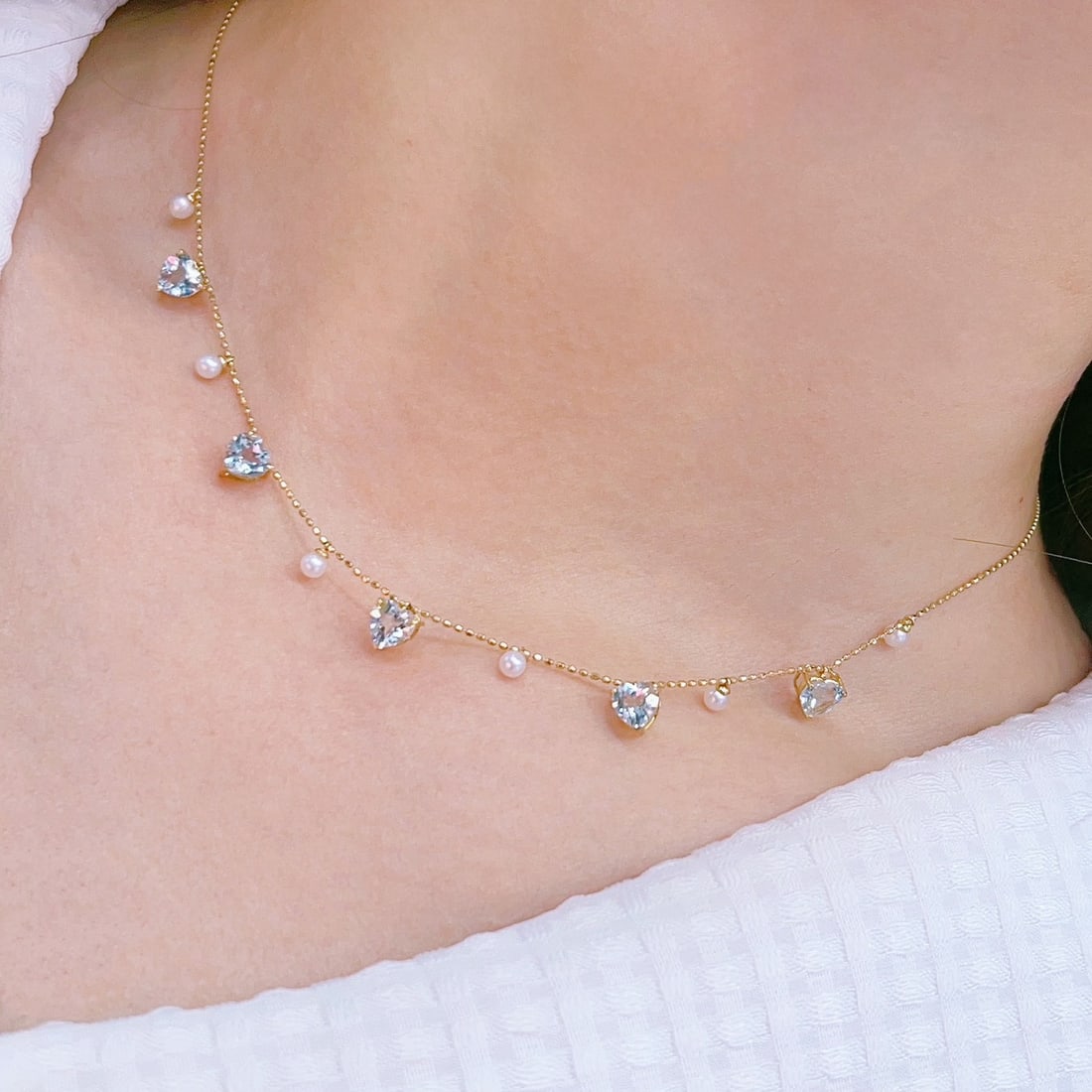 14k Gold 1.9 Ct Natural Aquamarine & Pearl Necklace - 9