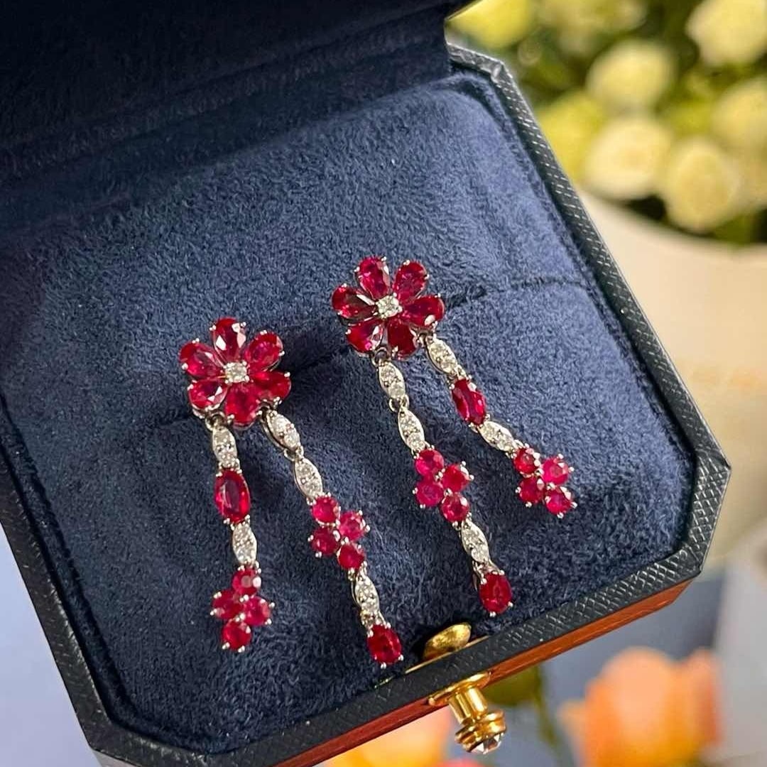 14k Gold 6.38 Ctw Natural Ruby & Diamond Earrings - 4