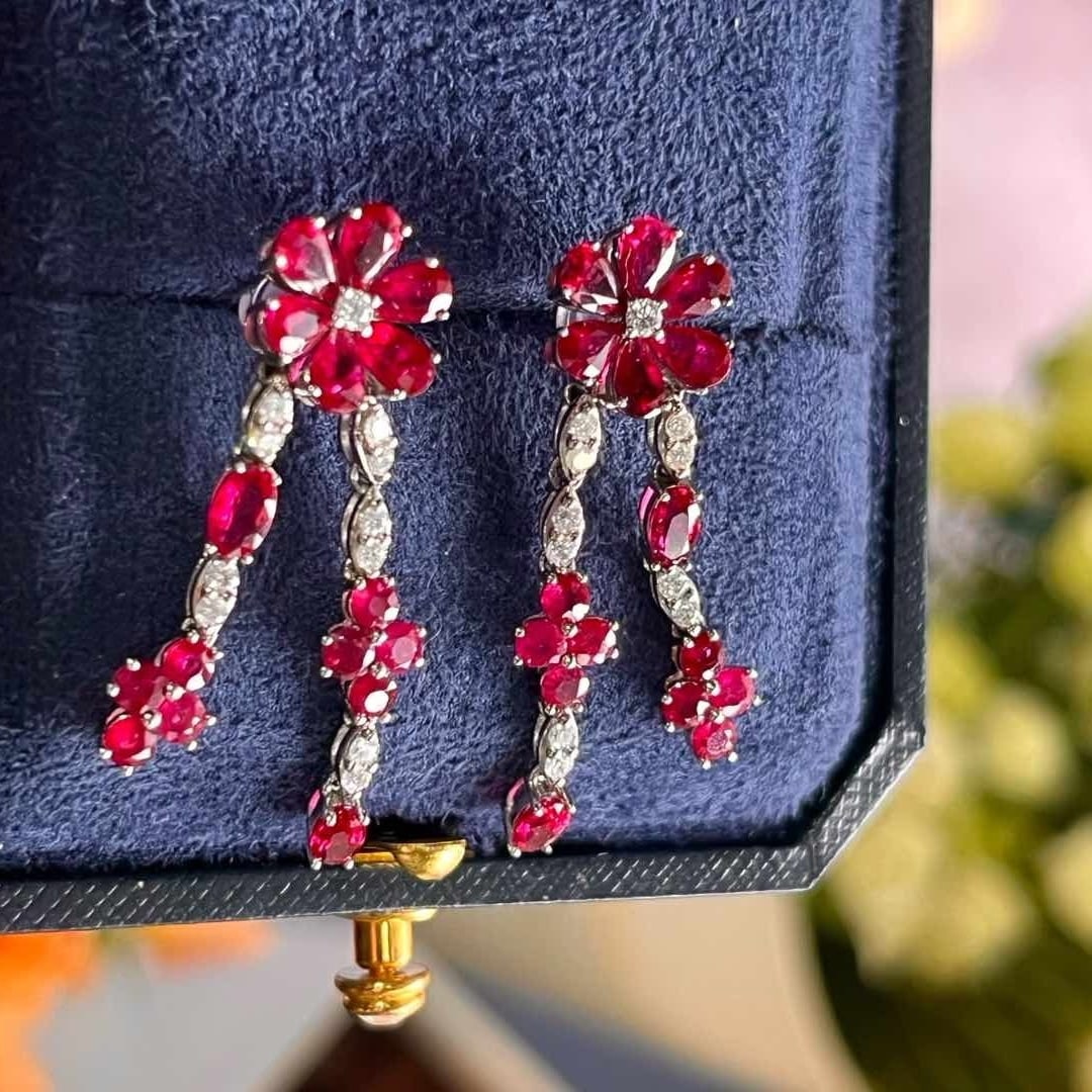 14k Gold 6.38 Ctw Natural Ruby & Diamond Earrings - 8